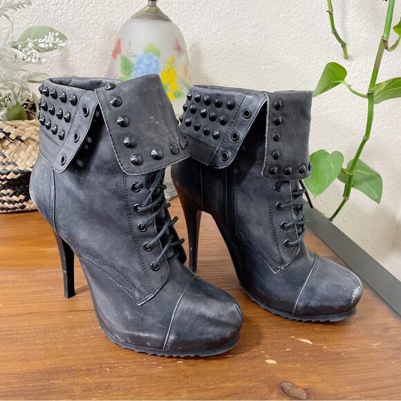 Bronx Black Distressed Leather Renna Gade Studded Stiletto Bootie Size 10 - Picture 8 of 13